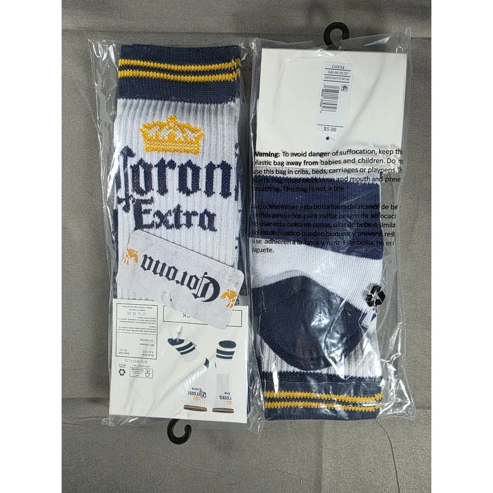 2 pair Corona Extra Crew Sock Mens One Size White Blue Yellow Beer Logo Bioworld
